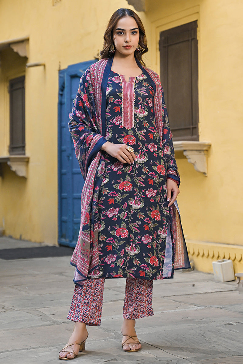 Navy Blue Rayon Blend Floral Printed Straight Trouser Suit Set