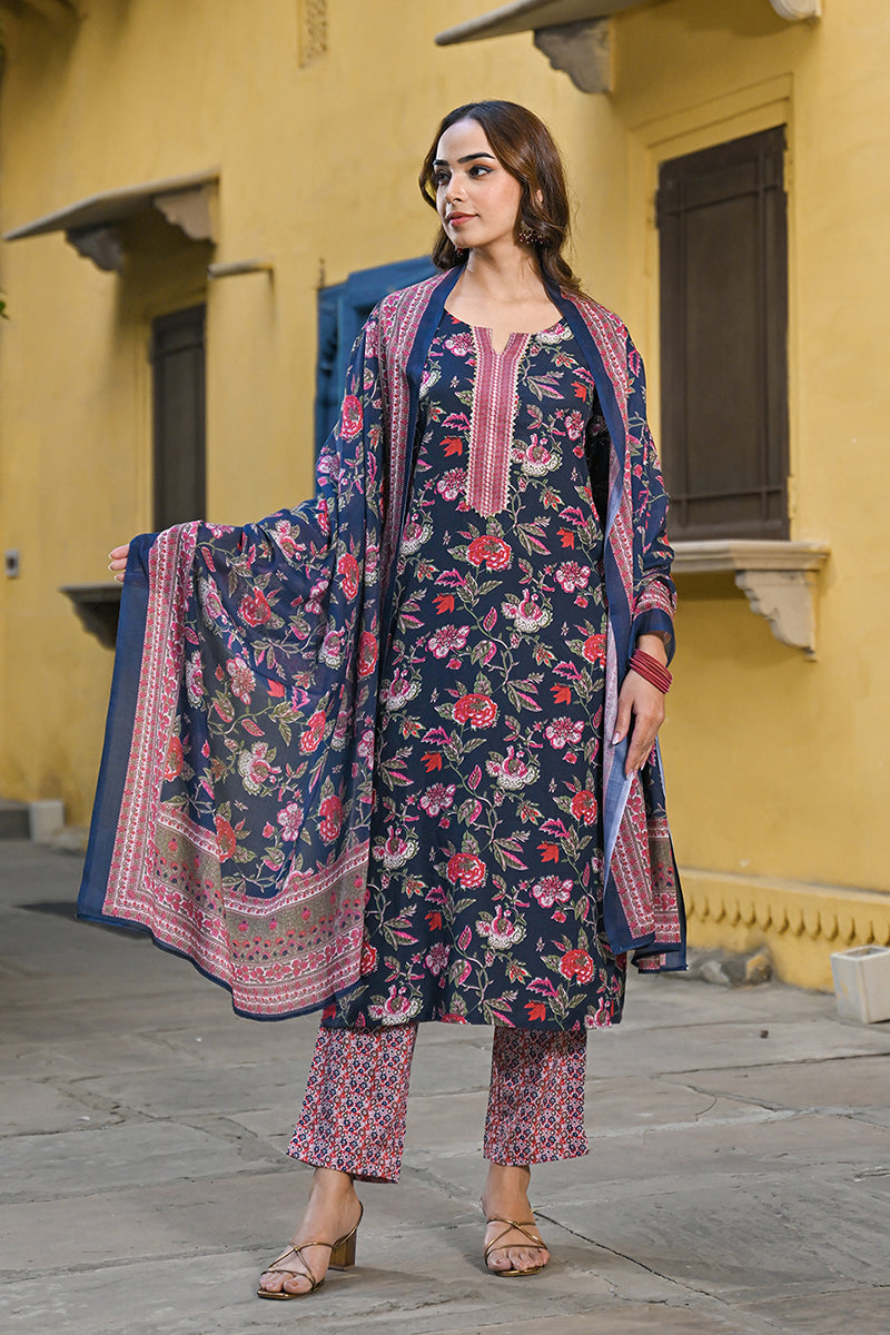 Navy Blue Rayon Blend Floral Printed Straight Trouser Suit Set