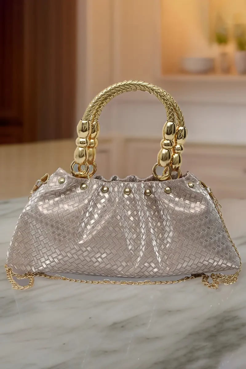 Elegant Gold Tone Hand-Held & Sling Bag - Peach