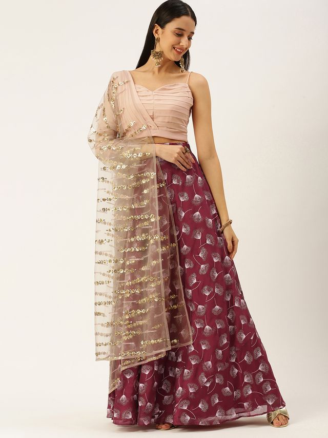 Bollywood Vogue Ready To Wear Maroon Satin N Pink Draped Style Lehenga