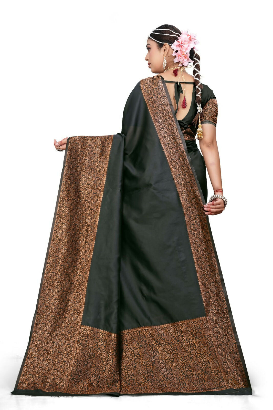 AXONIT Luxury Royal Black Silk Saree with Heavy Copper Zari Border