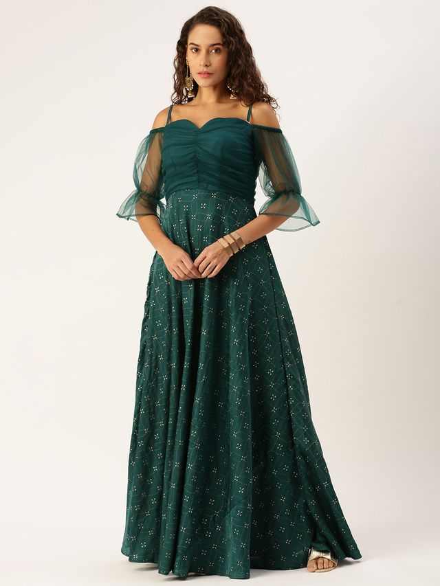 Bollywood Vogue Ready To Wear Teal Green Art Silk Foil Printed Maxi Dress