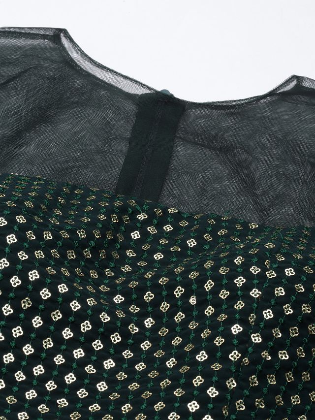Bollywood Vogue Ready To Wear Green Georgette Sequins Wide Leg Pant Set