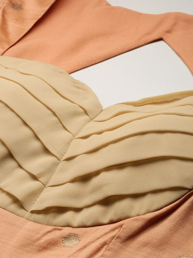 Bollywood Vogue Ready To Wear Peach Art Silk Jacquard Pleated Yoke Gown