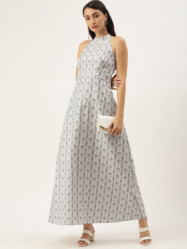 Bollywood Vogue Ready To Wear White Halter Neck A-Line Dress