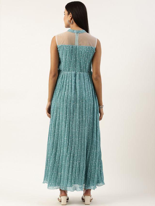 Bollywood Vogue Ready To Wear Blue N White Printed Pleated Georgette Gown