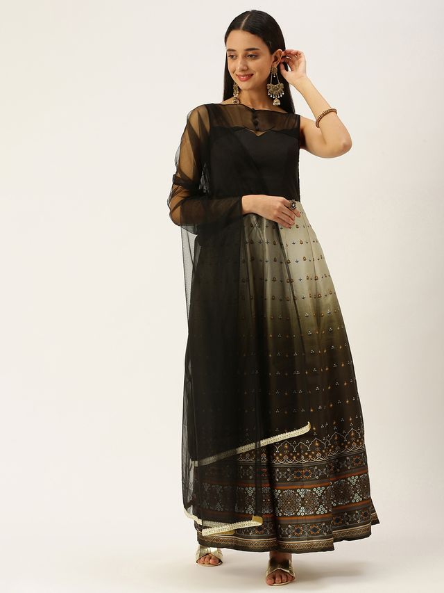 Bollywood Vogue Ready To Wear Black N Green Taffeta Printed Anarkali Suit