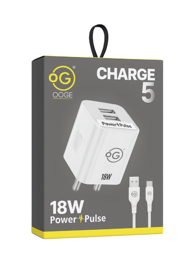 Ooge Charge 5 Type-C 18W Fast Charger with Dual USB Ports & USB Cable | Compact White Charger