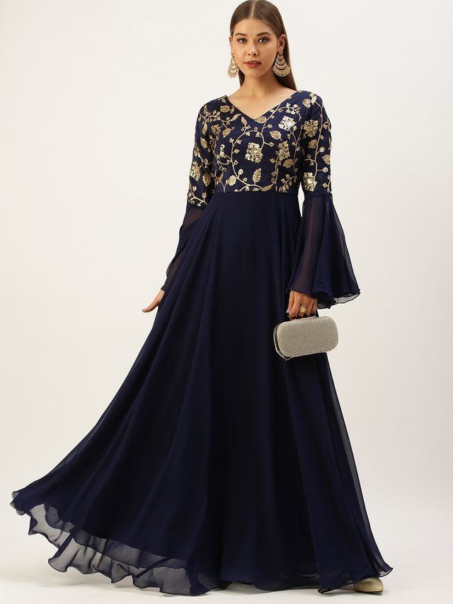 Bollywood Vogue Ready To Wear Blue Bell Sleeves Embroidered Gown