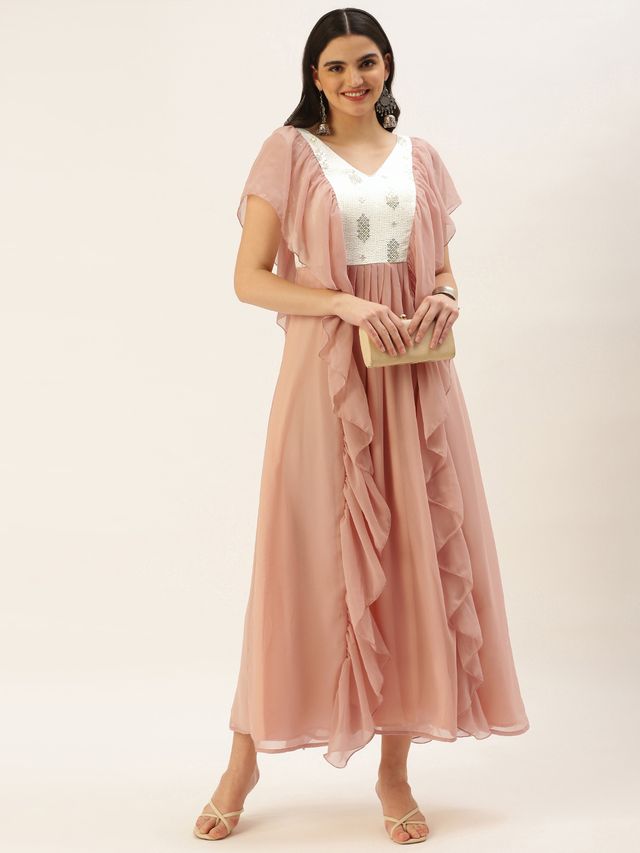 Bollywood Vogue Ready To Wear Pink N White Chinon Ruffles Gown