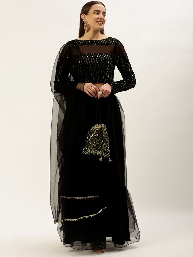 Bollywood Vogue Ready To Wear Black Georgette Embroidered Lehenga Set