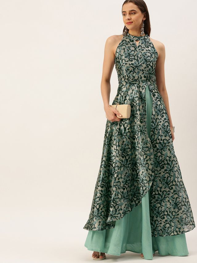 Bollywood Vogue Ready To Wear Blue Art Silk Digital Printed Halter Neck Dress