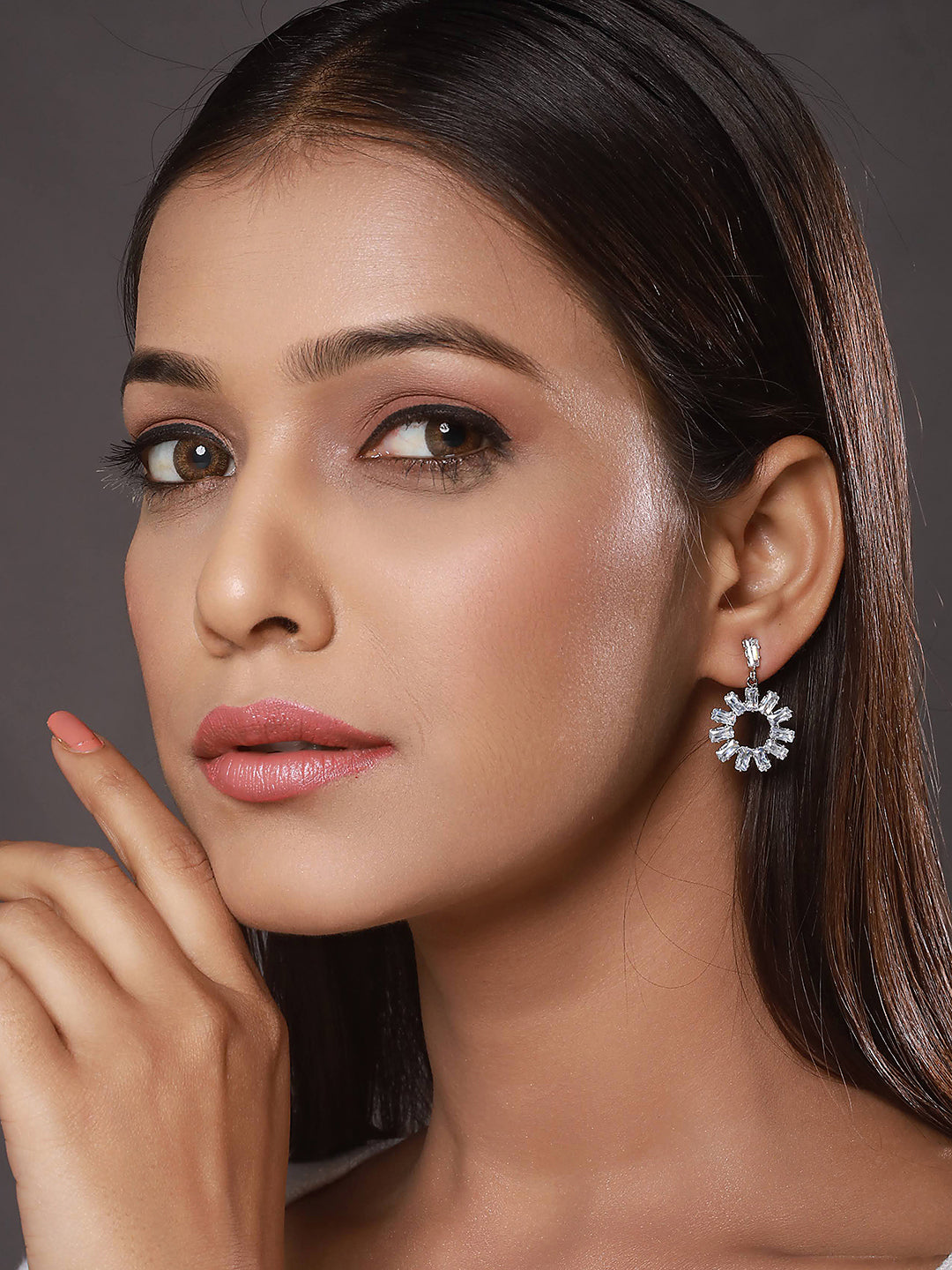 Silver-Toned Rhodium-Plated Cz Studded Contemporary Drop Earrings