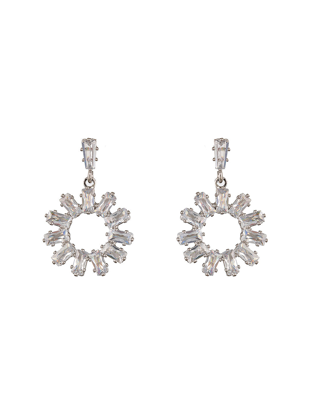 Silver-Toned Rhodium-Plated Cz Studded Contemporary Drop Earrings