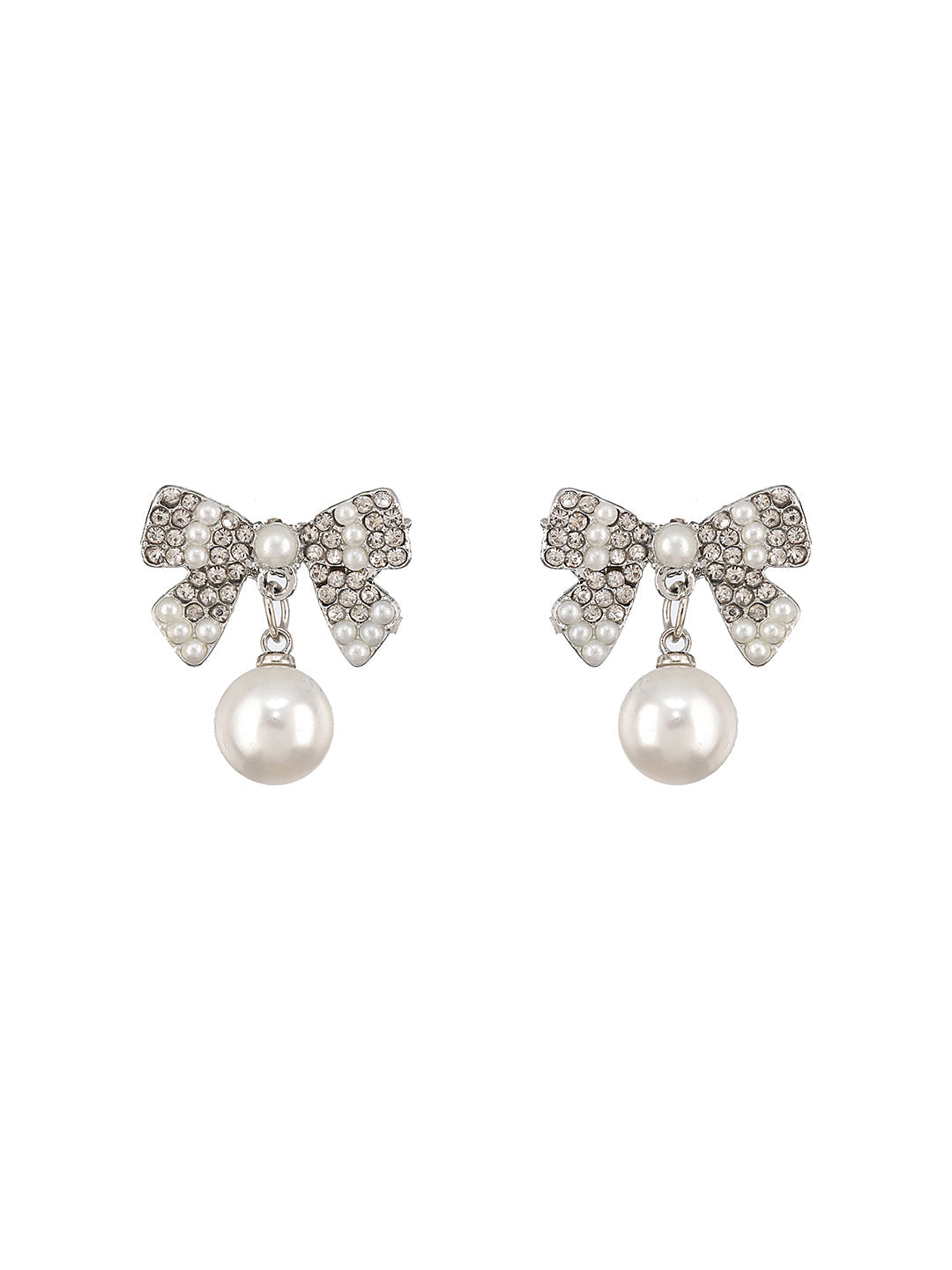 Silver-Toned & Rhodium-Plated Cz Bow-Shaped Pearl Drop Earrings