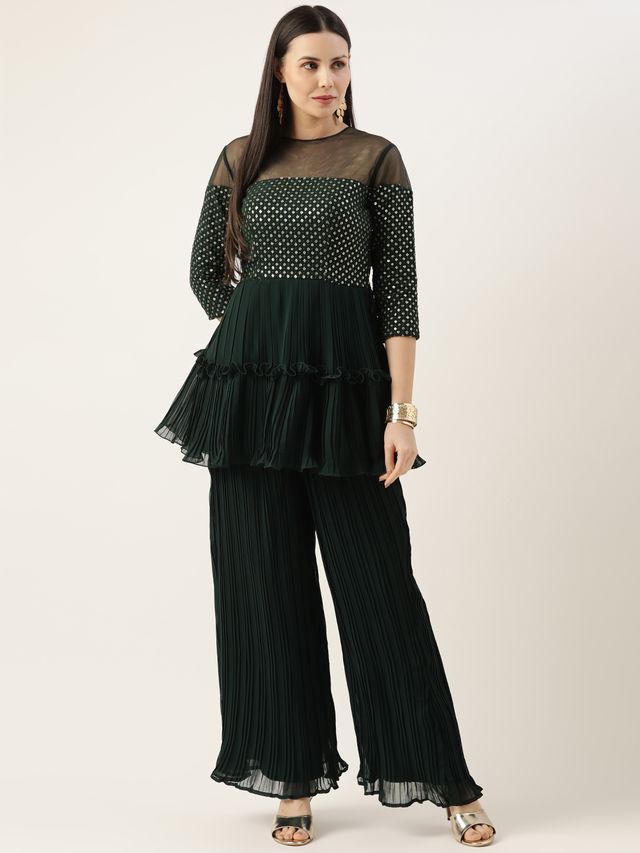 Bollywood Vogue Ready To Wear Green Georgette Sequins Wide Leg Pant Set