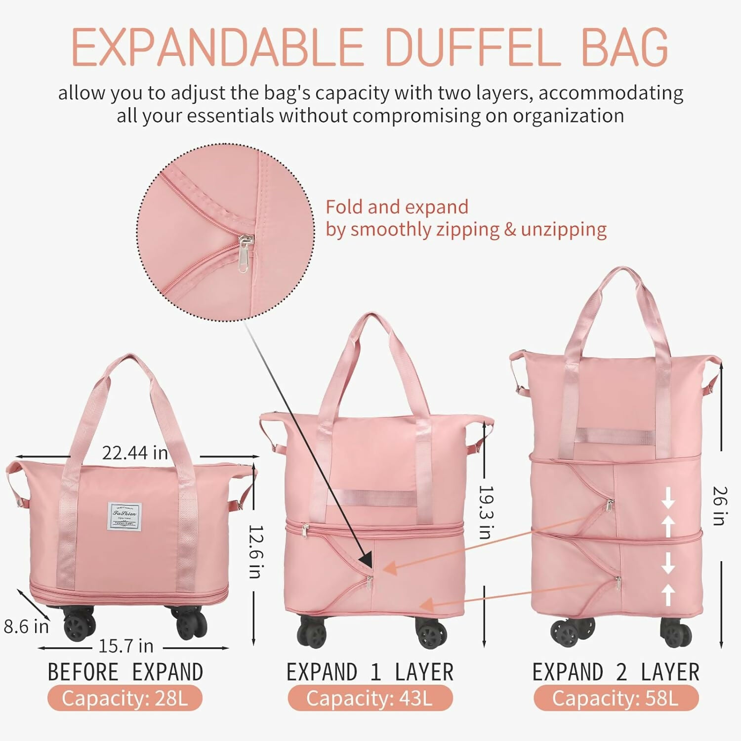 Rolling Duffle Bag With Wheels, Expandable Foldable for Travel, Luggage With Handle, Large Weekend Bag