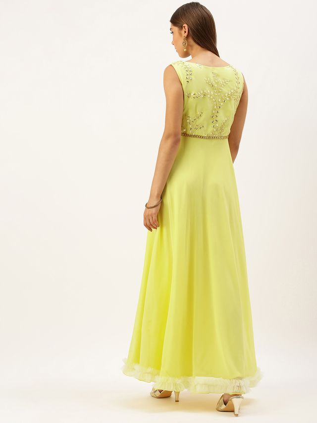 Bollywood Vogue Ready To Wear Yellow Embroidered Boat Neck Gown