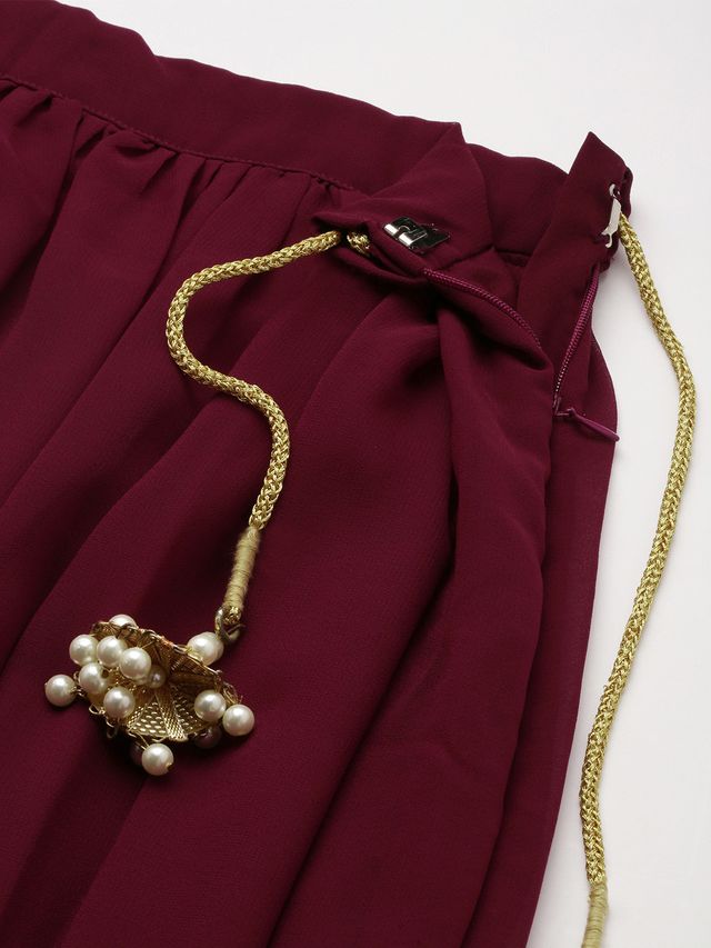 Bollywood Vogue Ready To Wear Pink Jacquard N Burgundy Georgette Lehenga