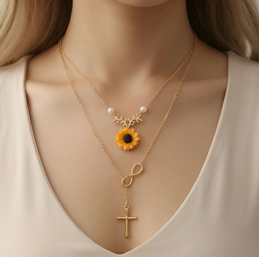 Sunflower & Infinity Cross Necklace Set