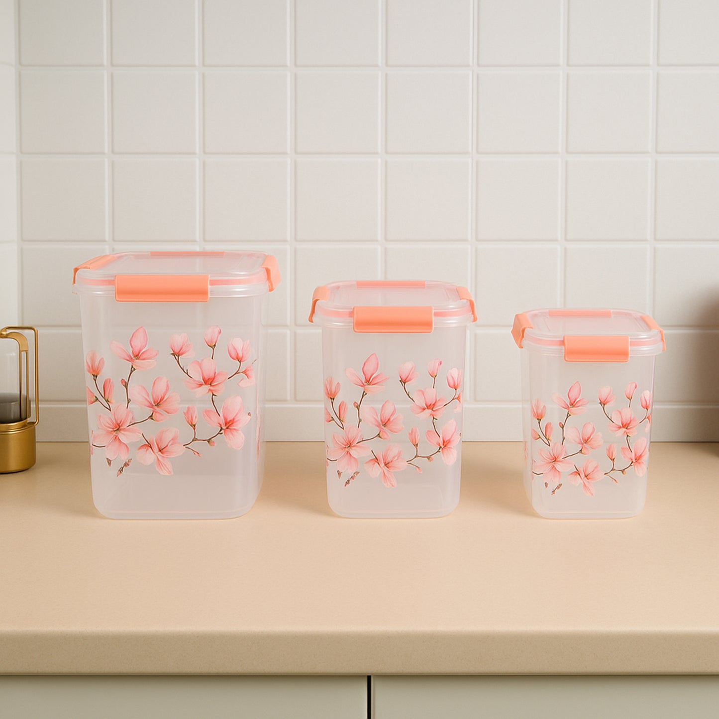 Square 3 Pcs Floral Printed Airtight Storage Container Set Approx (3 Pcs Set)