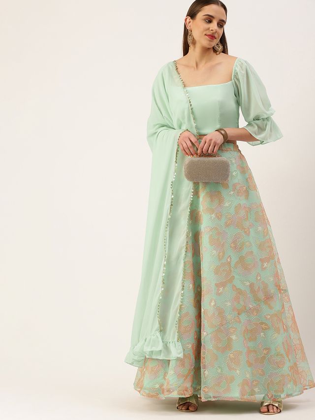 Bollywood Vogue Ready To Wear Multicolored Organza Sequins Lehenga Set