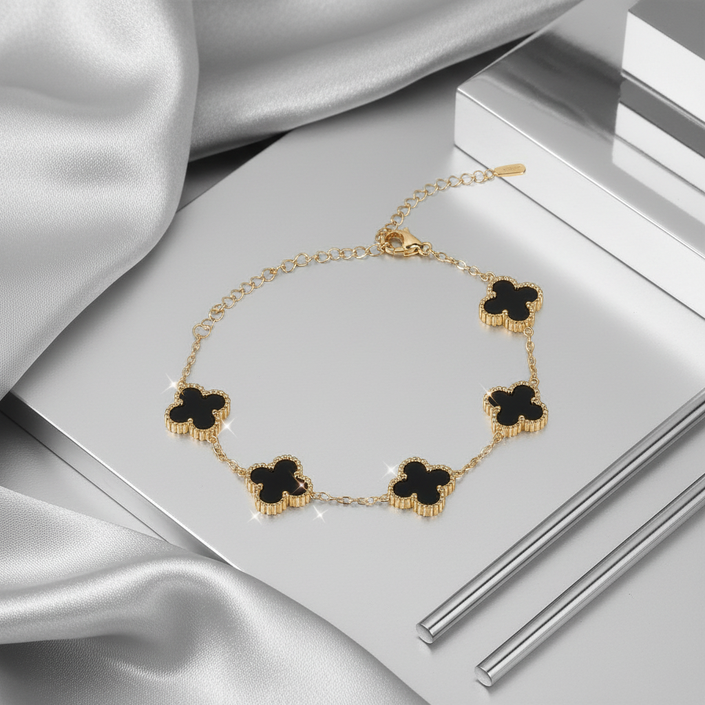 Jazz and Sizzle Trendy Gen-Z Gold Plated Stainless Steel Black Colour Flower Charm Chain Bracelet