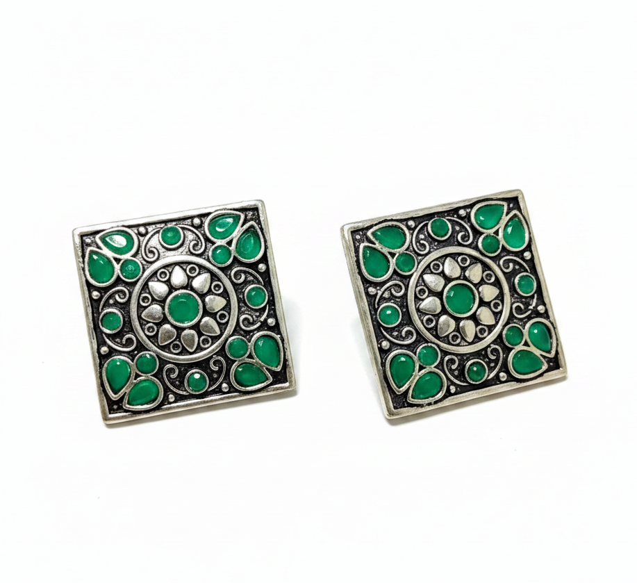 Jazz and Sizzle Green Minakari Oxidised Plated Square Boho Stud Earrings
