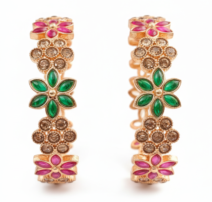 Jazz And Sizzle Set Of 2 Gold Plated Artificial Stone Studded & Pearl Beaded Bangles