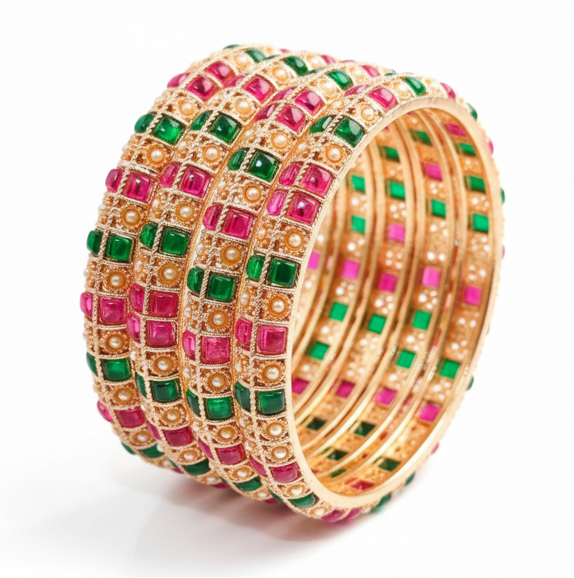 Jazz And Sizzle Set Of 4 Gold Plated Artificial Stone Studded Bangles