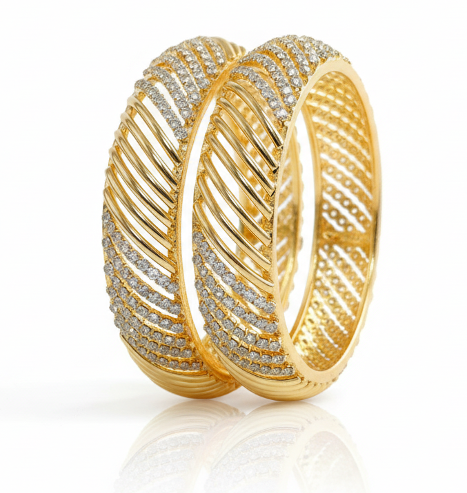 Jazz And Sizzle Set Of 2 Gold Plated Cubic Zirconia Studded Cris-Cross Intricate Pattern Bangles
