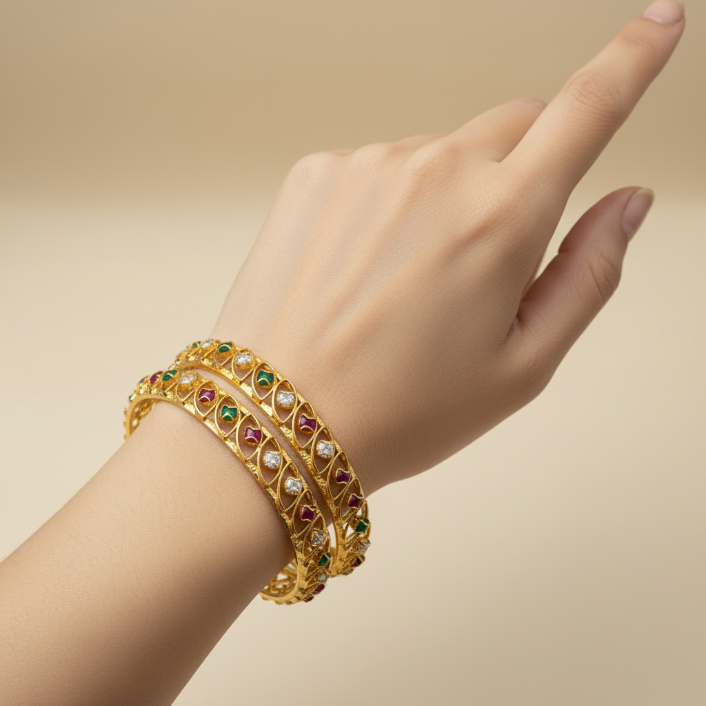 Jazz And Sizzle Set Of 2 Gold Plated Artificial Stone Studded & Beaded Bangles