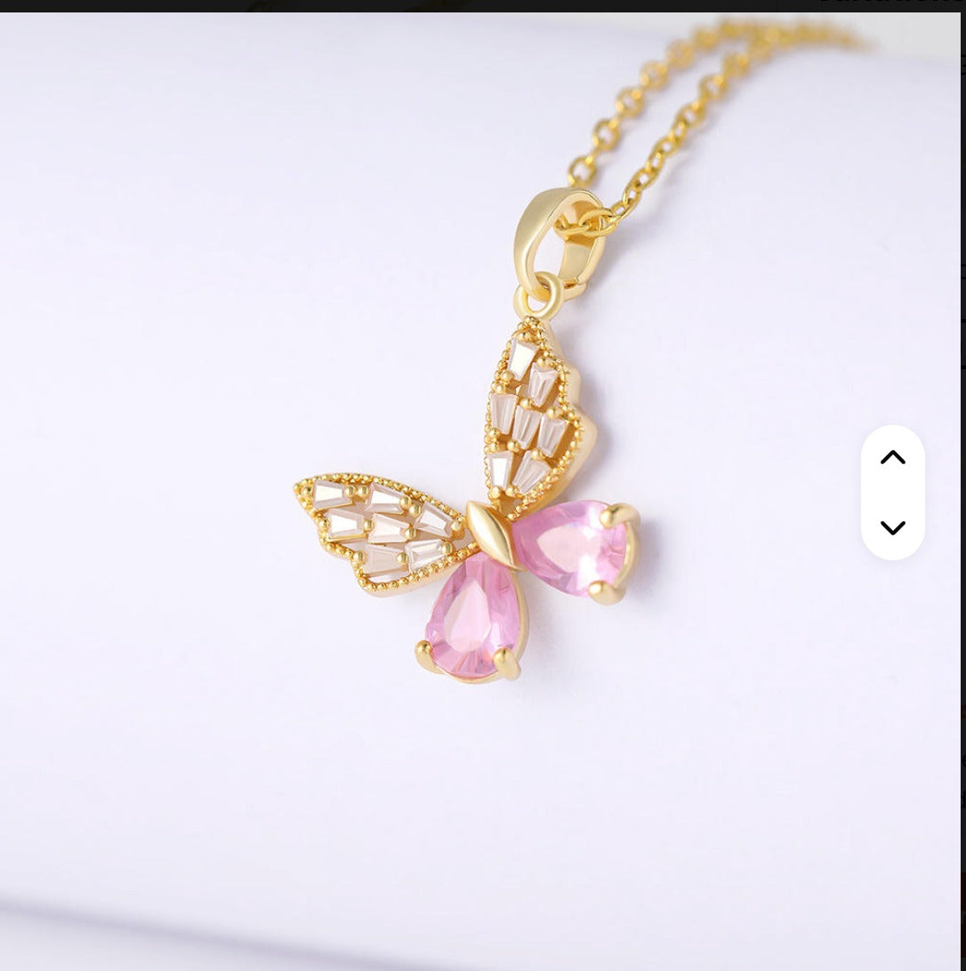 Elegant Butterfly Pendant Necklace with Pink Crystal – Gold Plated Chain