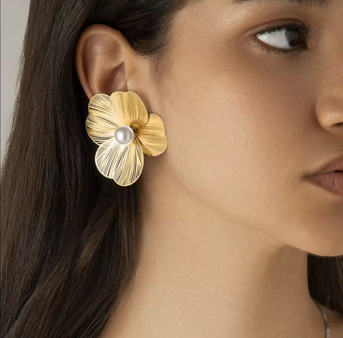 Elegant Floral Pearl Earrings for Women – Gold Finish Stainless Steel Anti-Tarnish Statement Earrings