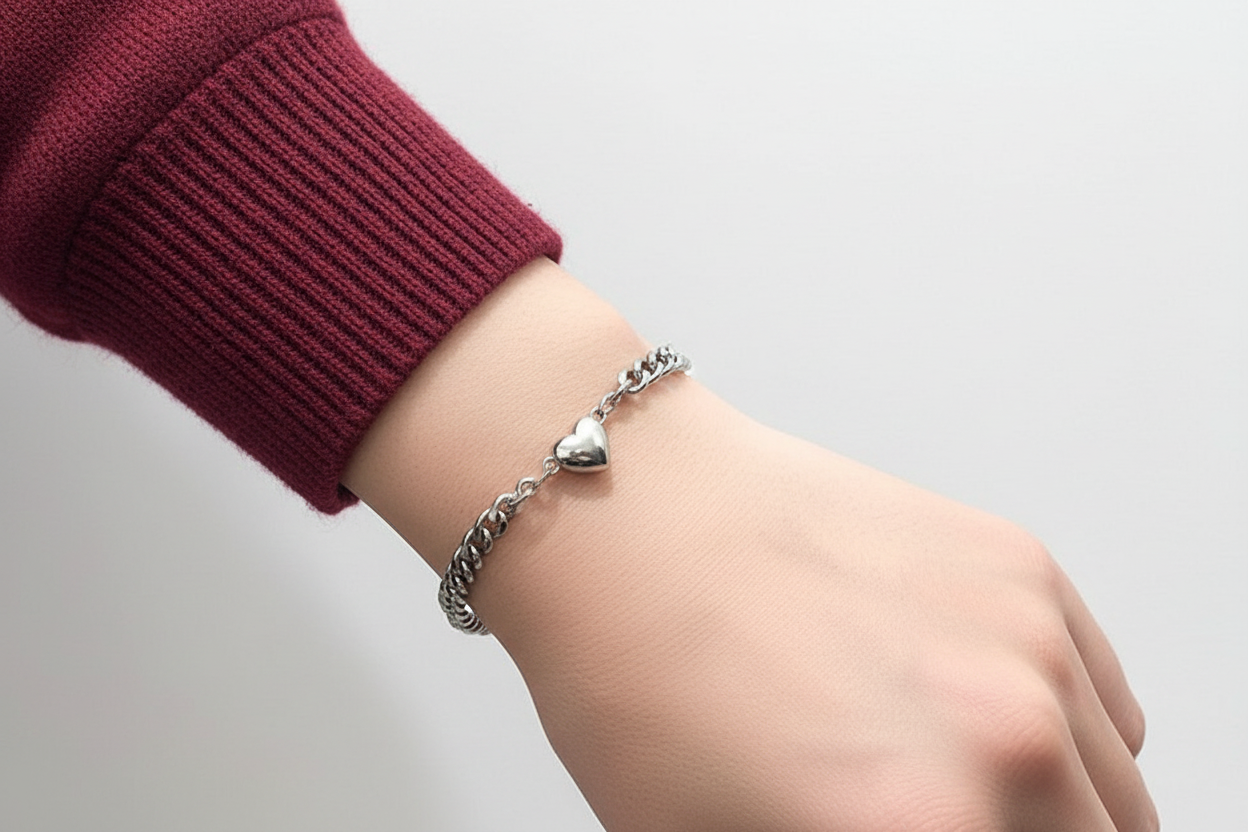 Jazz And Sizzle Silver-Tone Heart love Chain Bracelet Set Gift for Him & Her