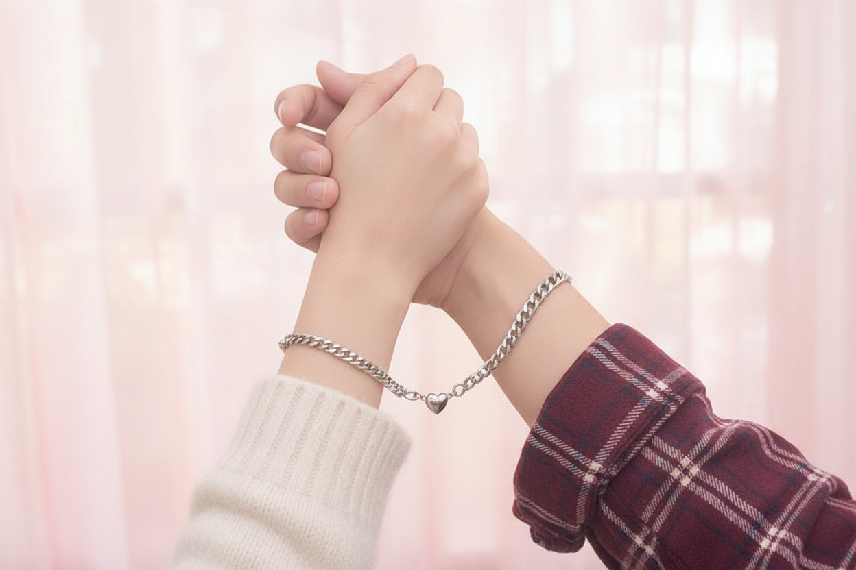Jazz And Sizzle Silver-Tone Heart love Chain Bracelet Set Gift for Him & Her