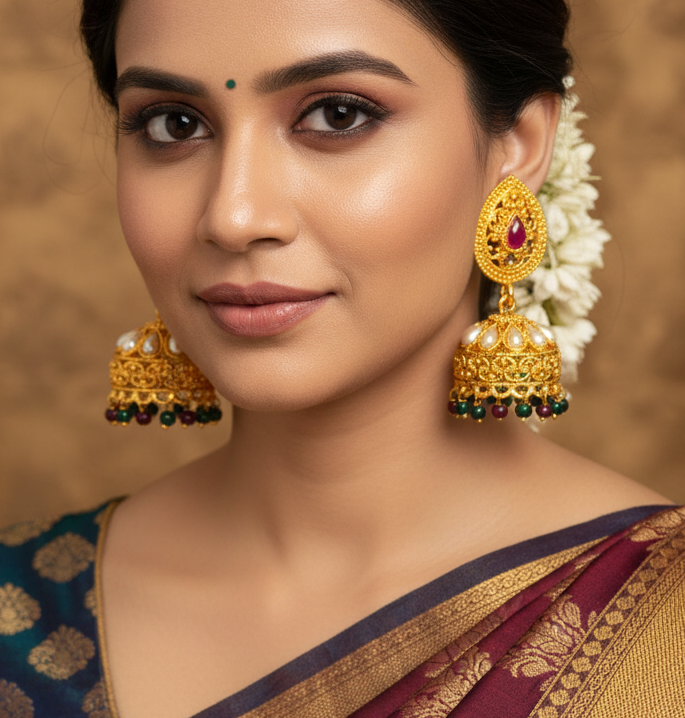 Jazz and Sizzle Gold Plated Ethnic Earrings with Pearl Beaded & Drops Jhumka Earrings