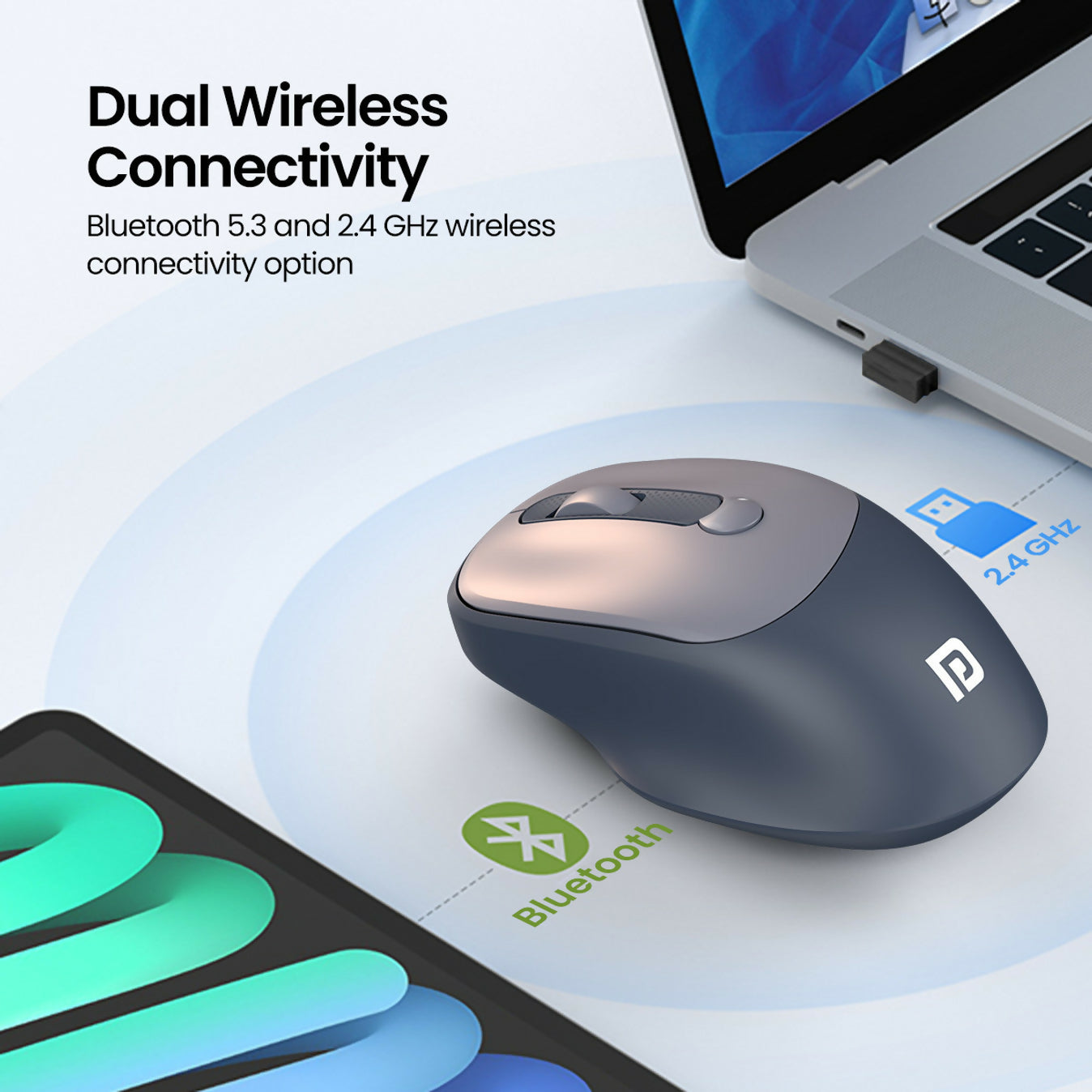 Portronics Toad 7 Wireless Mouse, Bluetooth 5.3V & 2.4 GHz Wireless, Adjust Sensitivity Upto 3200 DPI, Rechargeable Built in Battery(Grey)