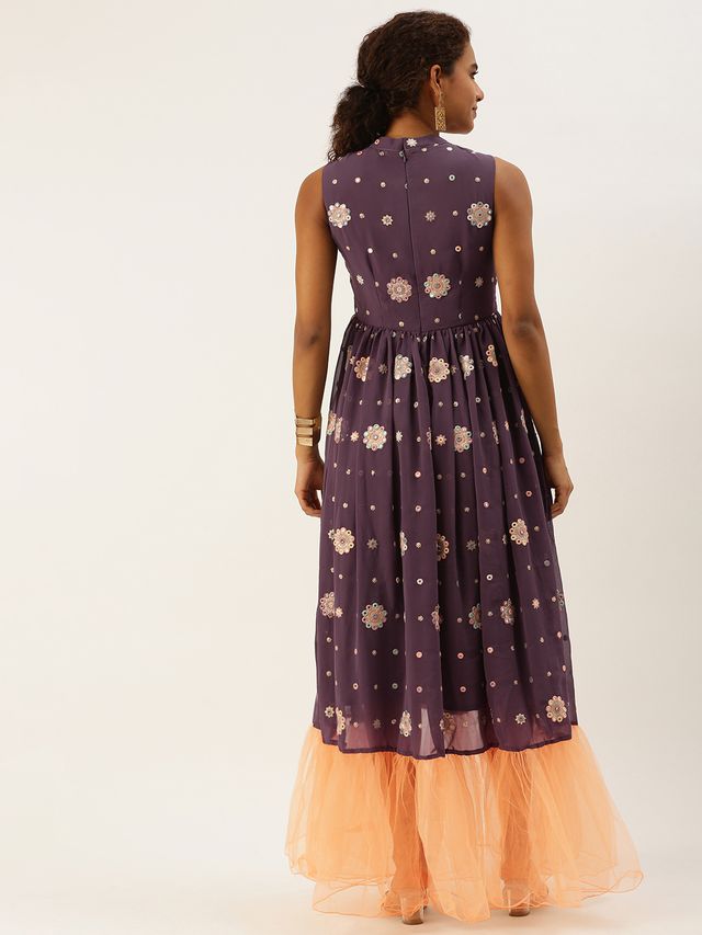 Bollywood Vogue Ready To Wear Magenta Georgette Embroidered Sheer Gown