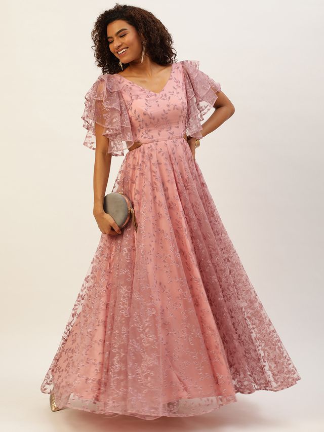 Bollywood Vogue Ready To Wear Pink Foil Printed Net Gown