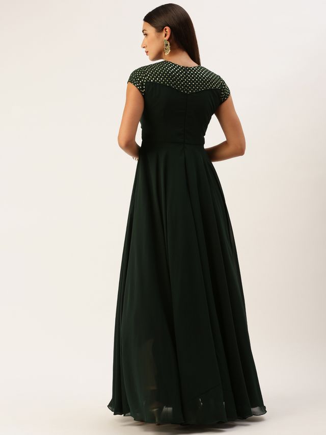 Bollywood Vogue Ready To Wear Green Georgette Embroidered Flared Gown