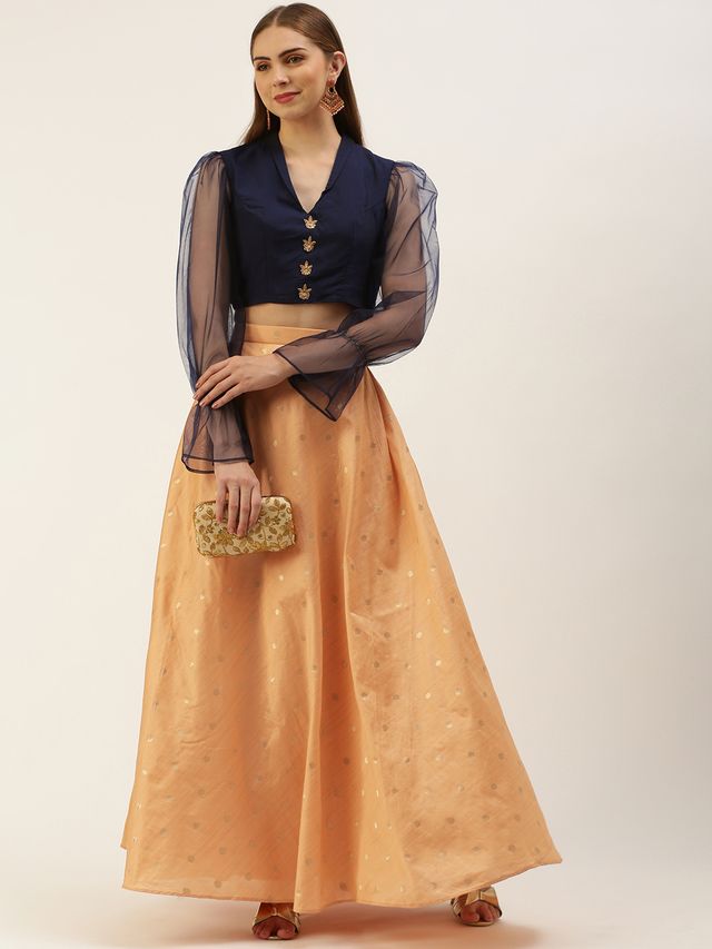 Bollywood Vogue Ready To Wear Peach Jacquard N Navy Blue Art Silk Skirt Set