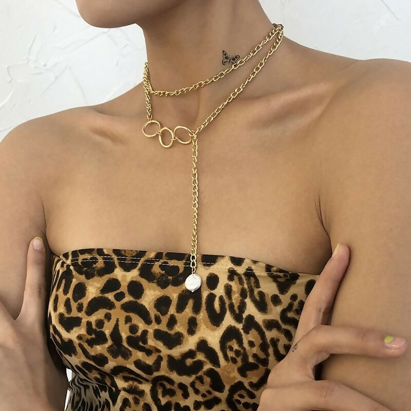 Elegant Dual-Layer Gold-Tone Necklace Set with Geometric Rings & Charm Pendant