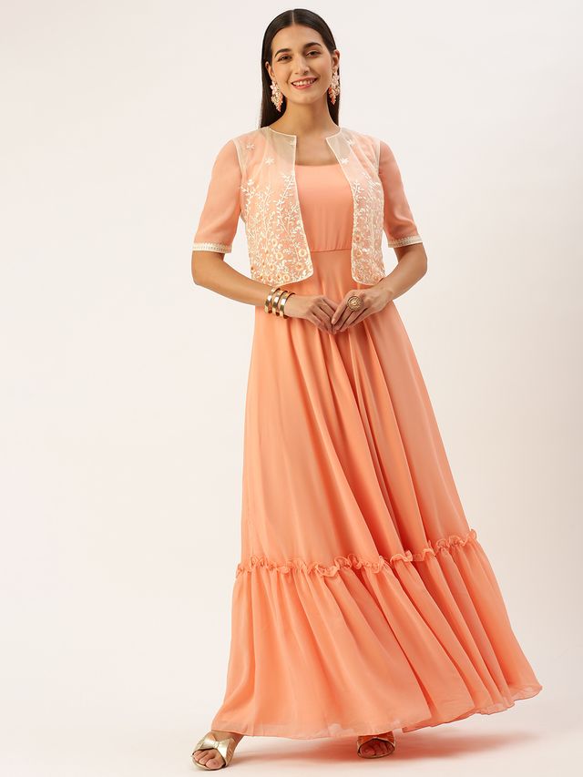 Bollywood Vogue Ready To Wear Off White Net Embroidered Jacket Style Gown