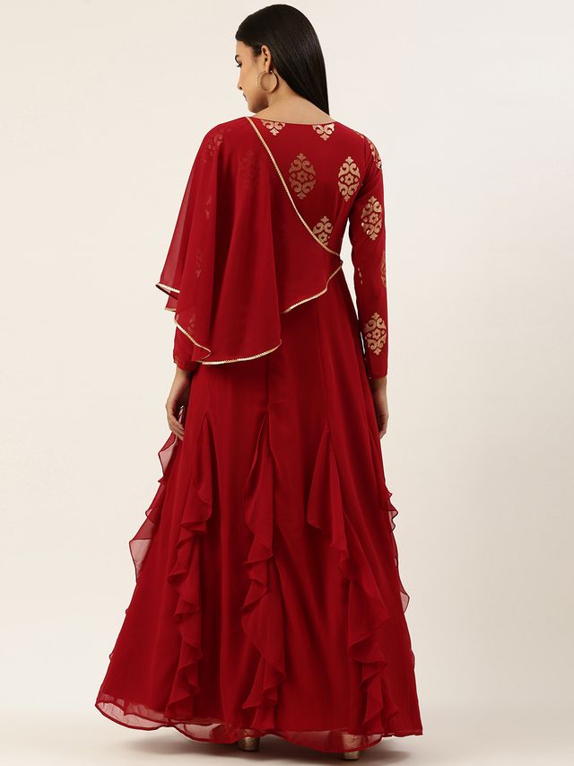 Bollywood Vogue Ready To Wear Maroon Embroidered Georgette Kali Flared Gown