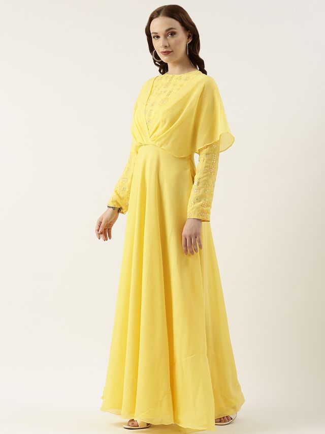 Bollywood Vogue Ready To Wear Yellow Georgette Embroidered Gown