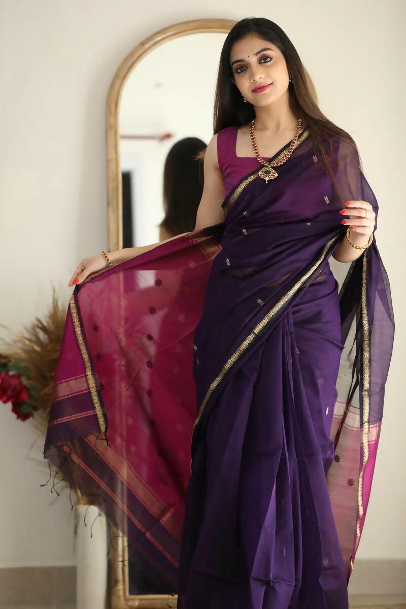 AXONIT Regal Harmony Cotton Saree with Golden Zari Work and Rani Pink Pallu