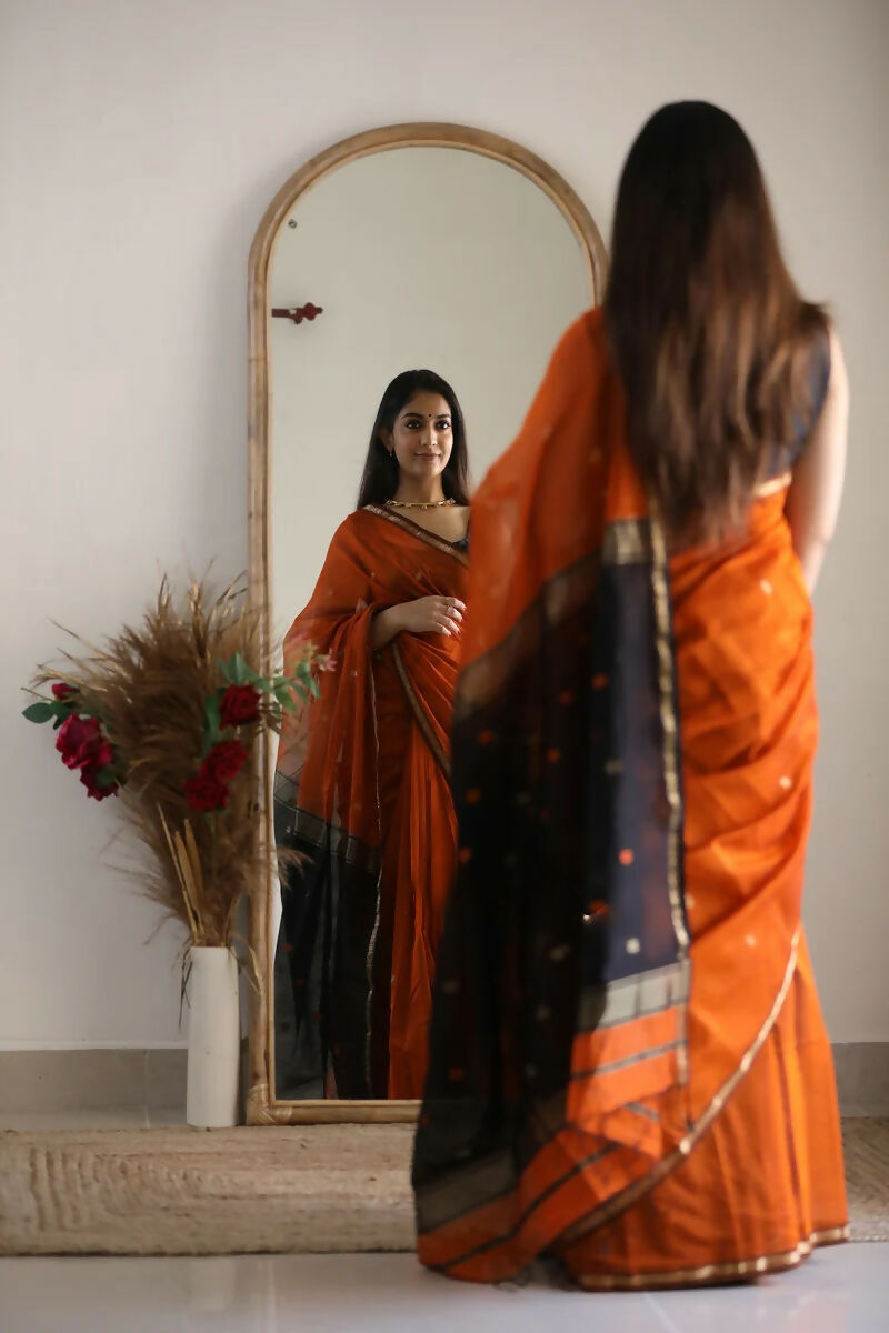 AXONIT Premium Golden Cotton Saree with Lightweight Fabric, Elegant Zari Border, and Traditional Finish