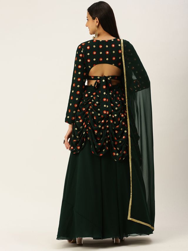 Bollywood Vogue Ready To Wear Green Embroidered Georgette Lehenga Set