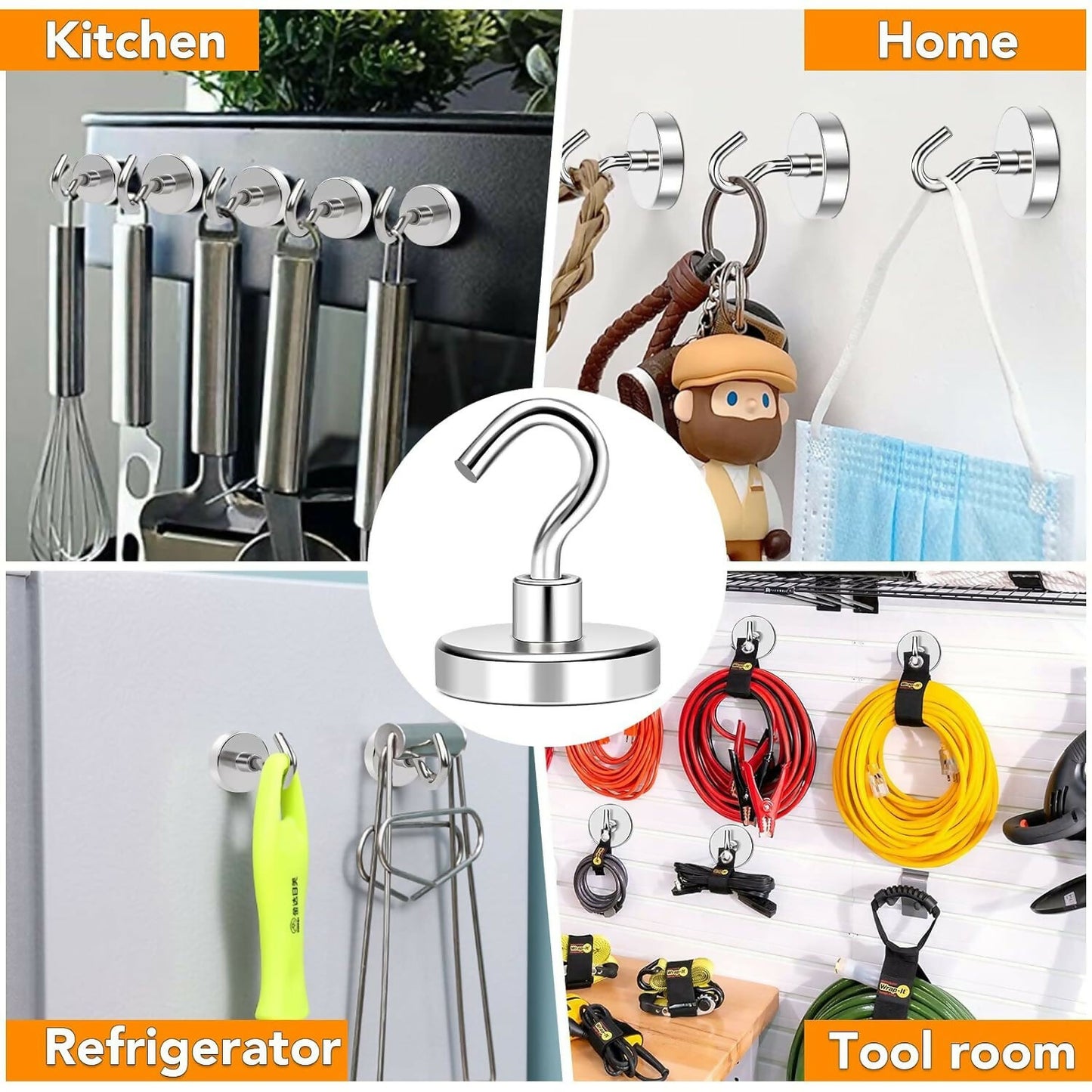 Heavy Duty Stainless Steel Magnetic Hook – Strong Neodymium Hanging Hook Pack of 4